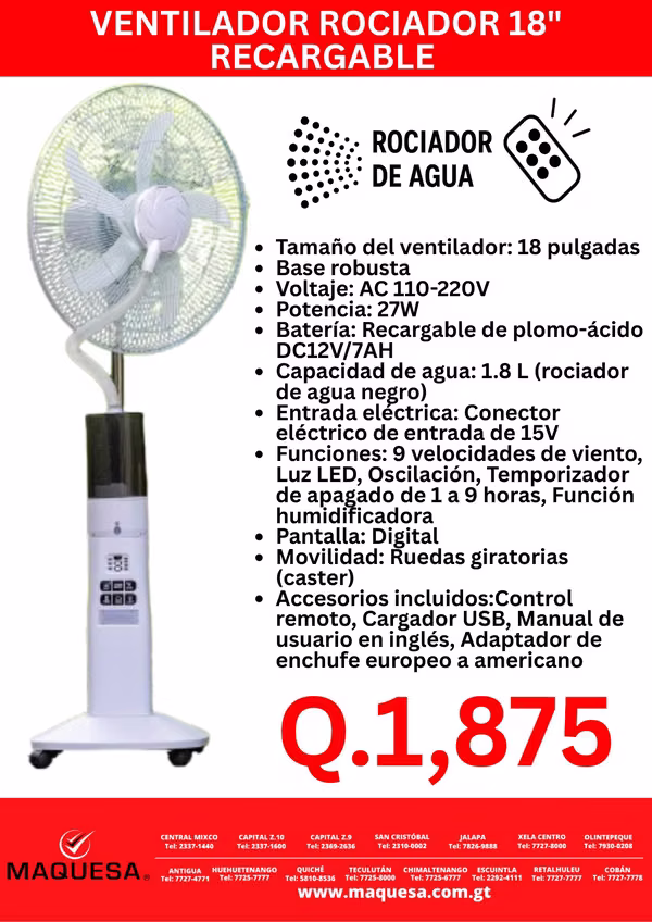 Ventilador Rociador 18” Recargable! 