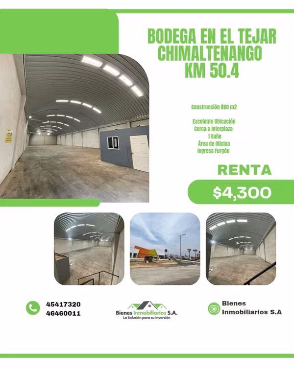 BODEGA EN RENTA – EL TEJAR, CHIMALTENANGO!   Km 50.4, cerca de Interplaza