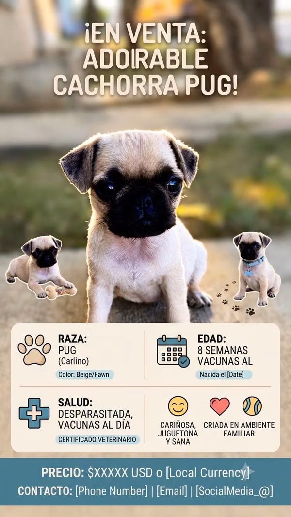 Hermosa cachorrita Pug buscando hogar amoroso!  Tenemos disponible una adorable cachorrita Pug (Carlino) de 8 semana