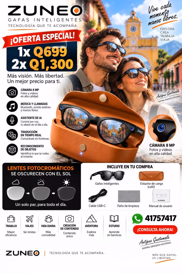 ZUNEO es más que unas gafas. Es tu cámara, audífonos, traductor y asistente con IA, todo en solo 32g. 