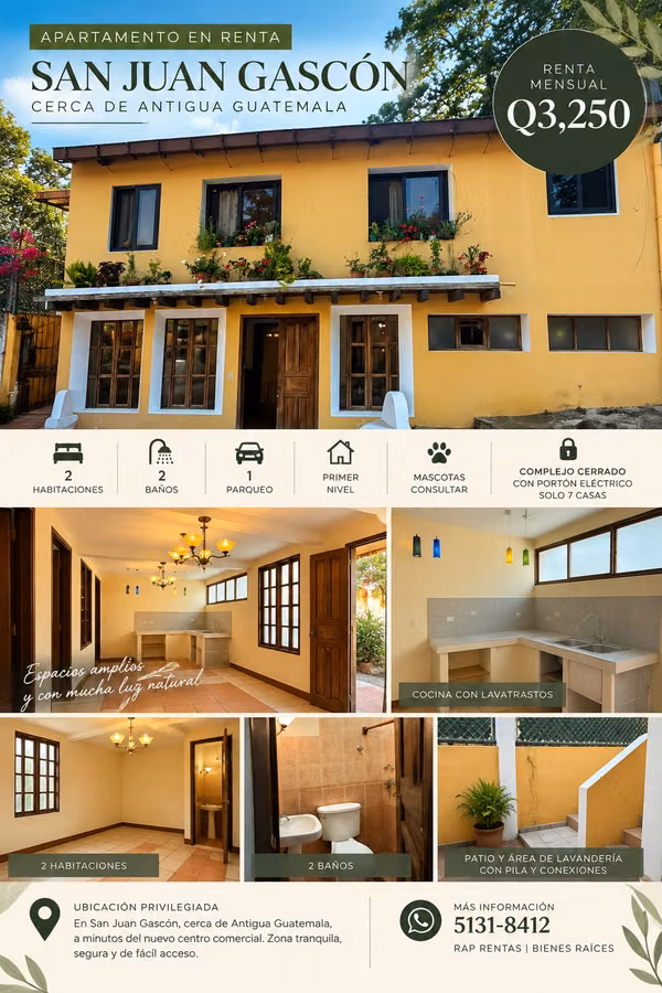 Apartamento en renta en San Juan Gascón, cerca de Antigua Guatemala