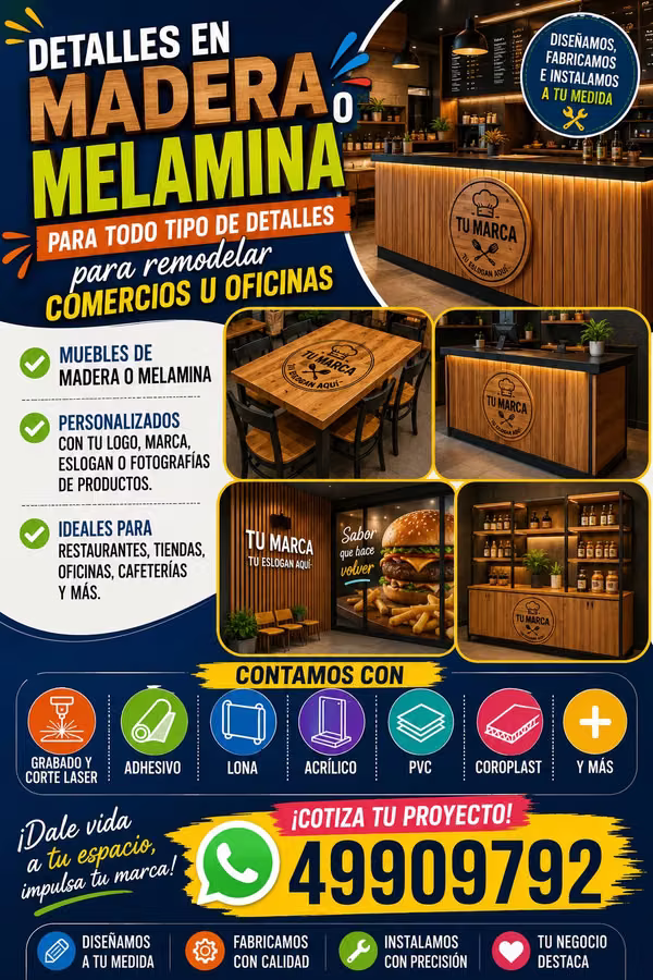 Melamine and wood furniture, personalized with your logo, slogan or brand.