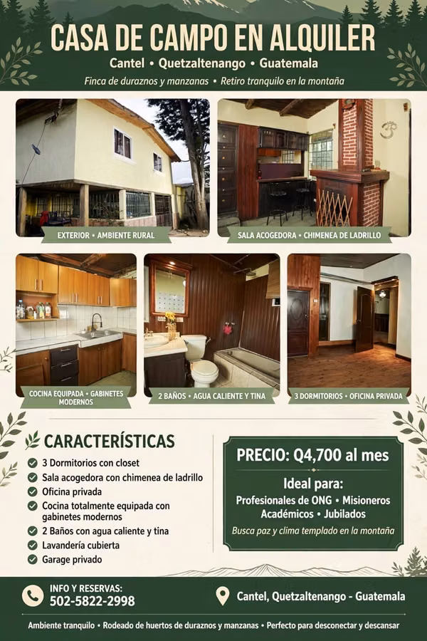 Casa de Campo en Alquiler, ubicada en Urbina Cantel, Quetzaltenango