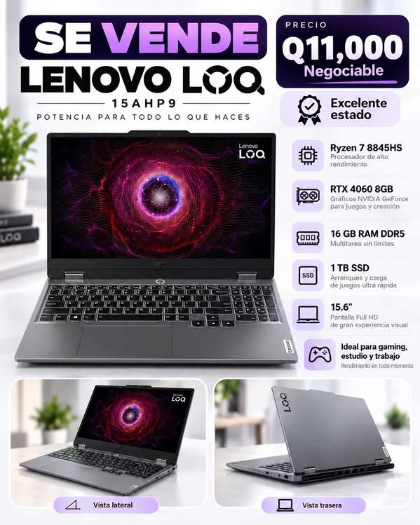 Laptop Gamer Lenovo LOQ 15 | Ryzen 7 | RTX 4060 8GB | 16GB RAM | 1TB SSD | Q11,000 (NEGOCIABLE)
