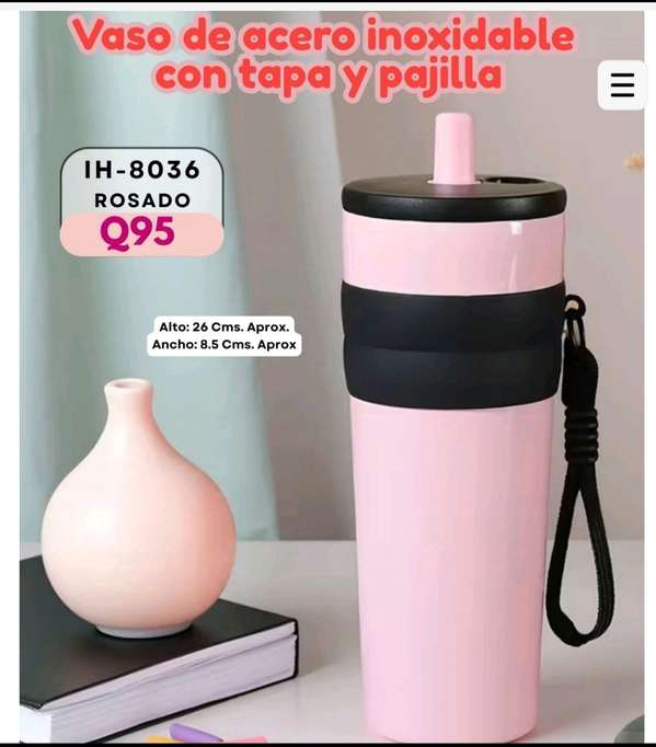 Vaso de acero inoxidable con tapa y pajilla 