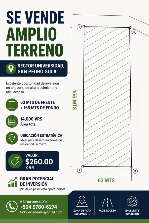 SE VENDE AMPLIO TERRENO – SECTOR UNIVERSIDAD SAN PEDRO SULA