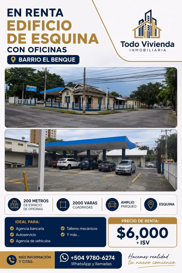 En Renta Edificio de Esquina con Oficinas Barrio El Benque, San Pedro Sula