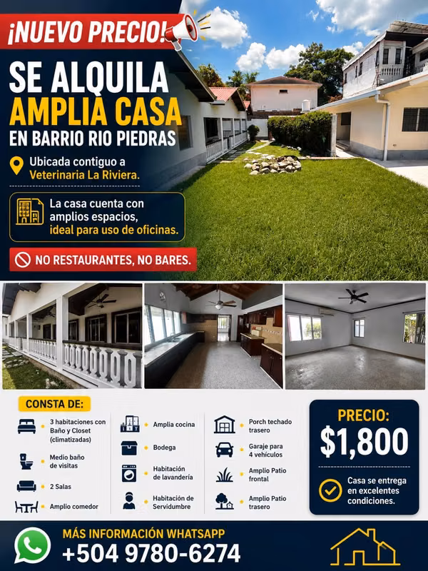 Se Alquila Amplia Casa en Barrio Rio Piedras SAN PEDRO SULA