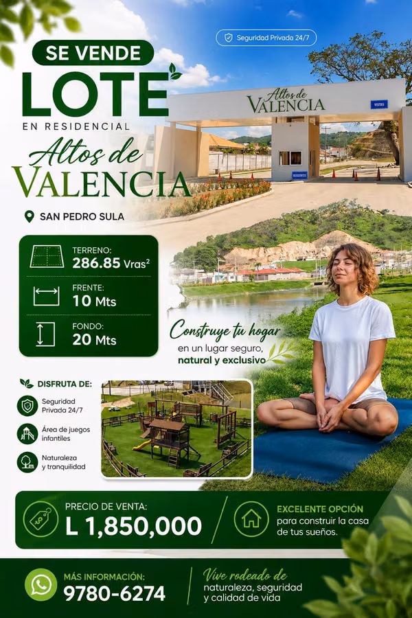 SE VENDE LOTE EN RESIDENCIAL ALTOS DE VALENCIA - SAN PEDRO SULA