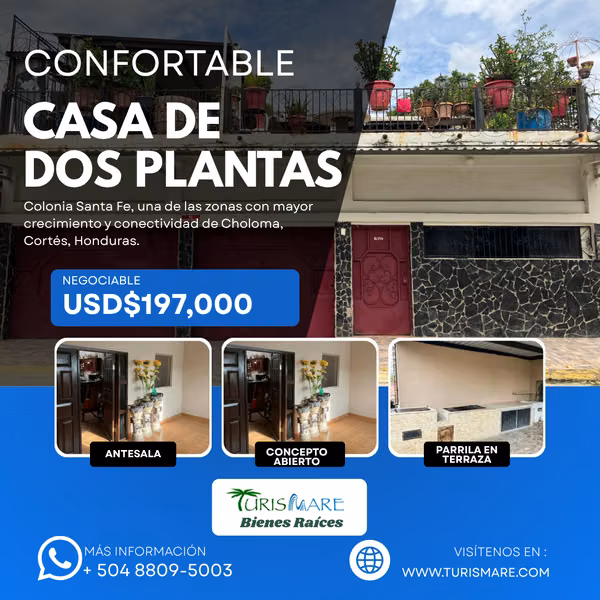 CASA AMPLIA Y ELEGANTE EN VENTA EN COLONIA SANTA FE, CHOLOMA, CORTÉS