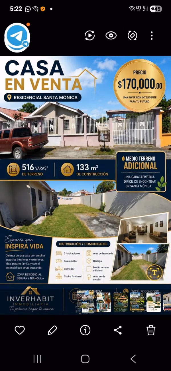 VENTA DE  CASA EN RESIDENCIAL SANTA MONICA S.P.S. $170.000