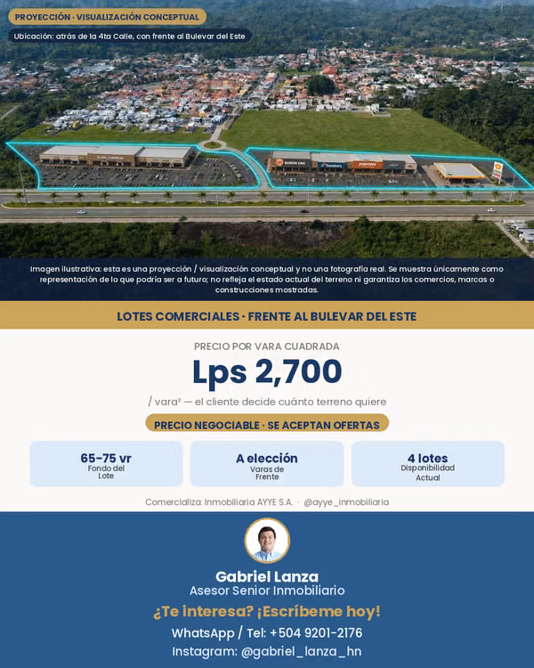 Lote Comercial 20x65 Varas, Frente a Bulevar del Este - La Ceiba