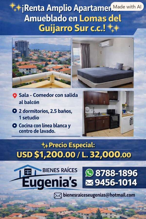  ¡Renta Amplio Apartamento Amueblado en Lomas del Guijarro Sur c.c.! 