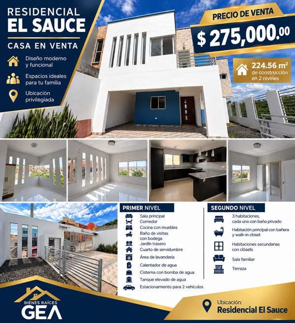  CASA EN VENTA EN RESIDENCIAL EL SAUCE | DISEÑO MODERNO Y 3 HABITACIONES CON SU BAÑO