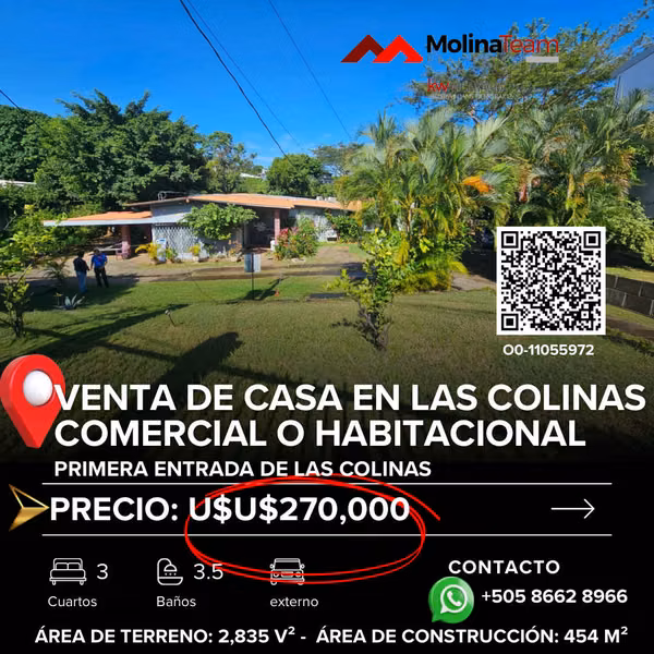 Venta de espaciosa casa en Primer Entrada Las Colinas con amplio terreno 2,835