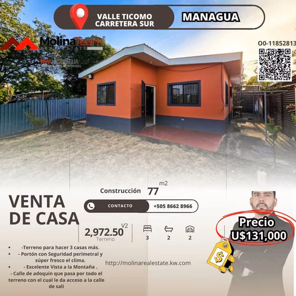 Venta de Casa en Valle Ticomo con amplio terreno de 2,975 v² Managua!