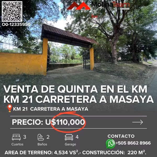 Se Vende Hermosa Quinta en el km 21 Carretera a Masaya. Amplio terreno 4,534 vr².