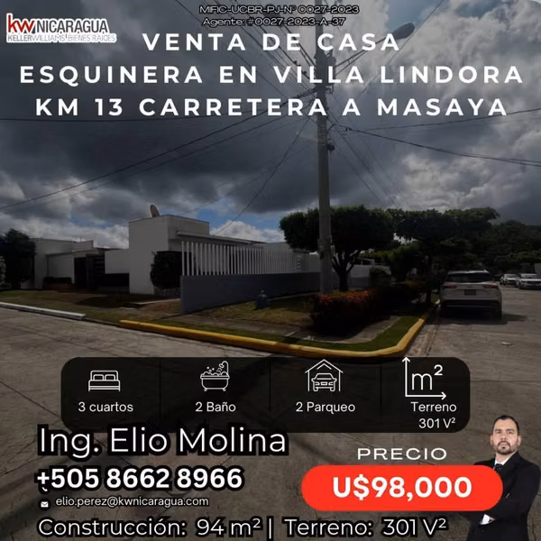 VENTA DE CASA ESQUINERA – RESIDENCIAL LINDORA | U$98,000 | Km 13 Carretera Masaya