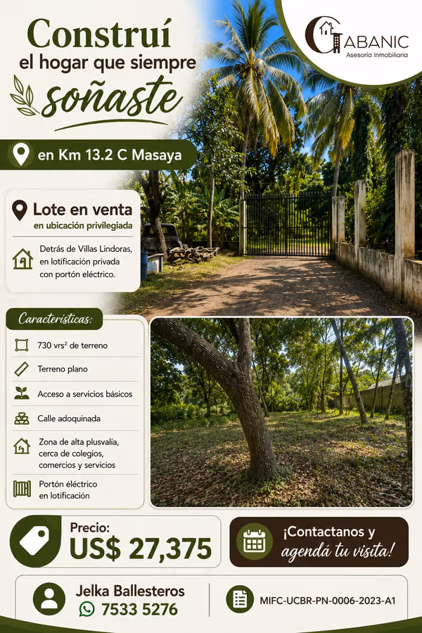 Venta de lote de terreno  en lotificación en Km 13.2 C Masaya!