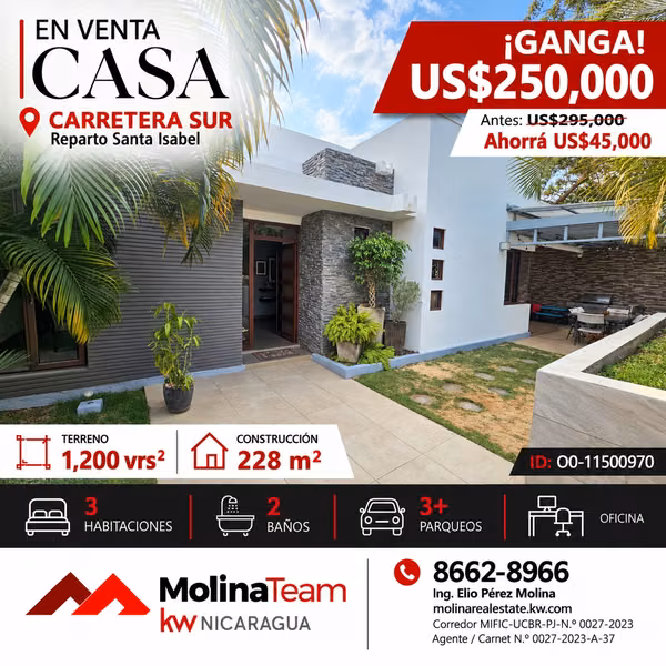 ¡Ganga! Casa moderna en Carretera Sur: 3 habitaciones + oficina | US$250,000
