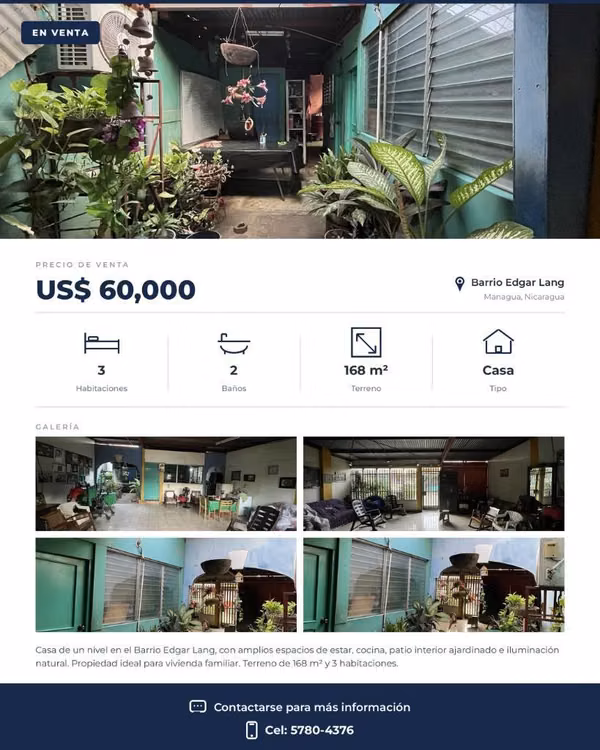 Casa en venta — Barrio Edgar Lang, Managua, A 20 Metros de la Pista principal del Guanacaste.