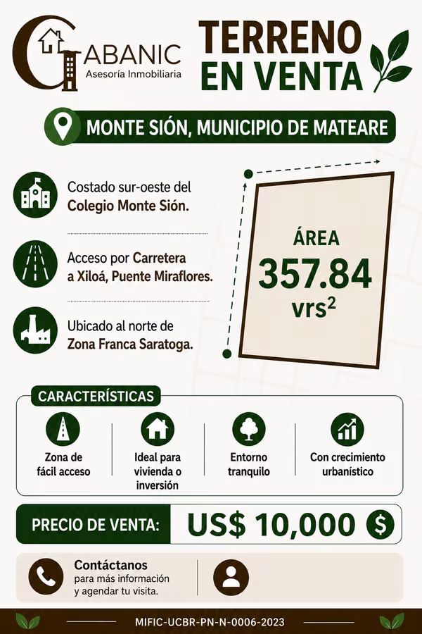 Land for sale in Monte Zion, municipality of Mateare