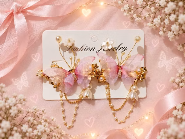 Beautiful Butterfly Hair Tongs with Pearl and Chain - Fairy / Coquette Style