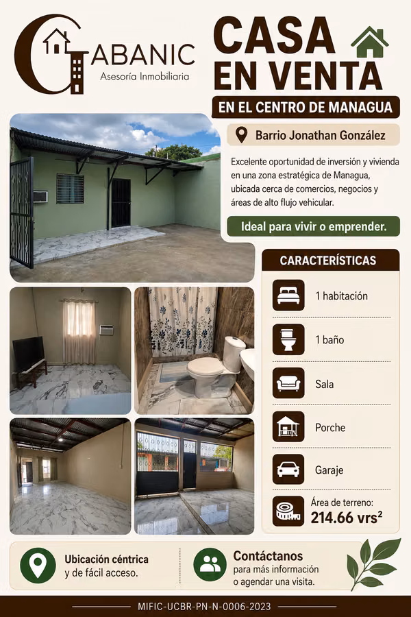  CASA EN VENTA EN EL CENTRO DE MANAGUA