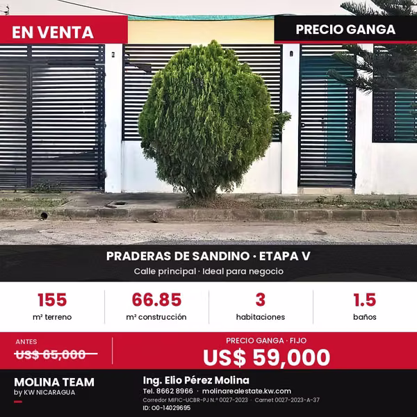 Casa en venta en Praderas de Sandino, calle principal – bases para segundo piso – PRECIO GANGA US$ 59,000