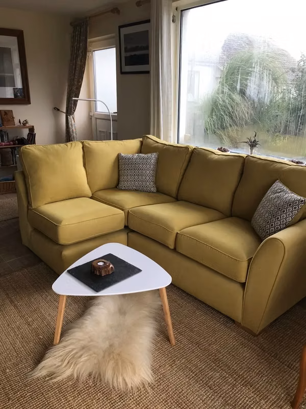 Yellow 3 seater couch, with chaise longue
