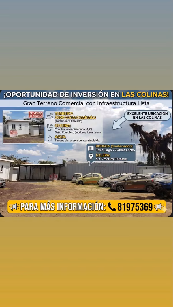 Se renta amplio terreno de 3000vara2 en las colinas