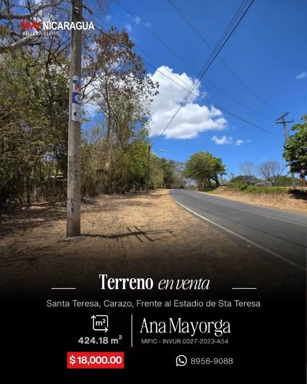 Terreno en Venta frente a estadio de Santa Teresa Carazo