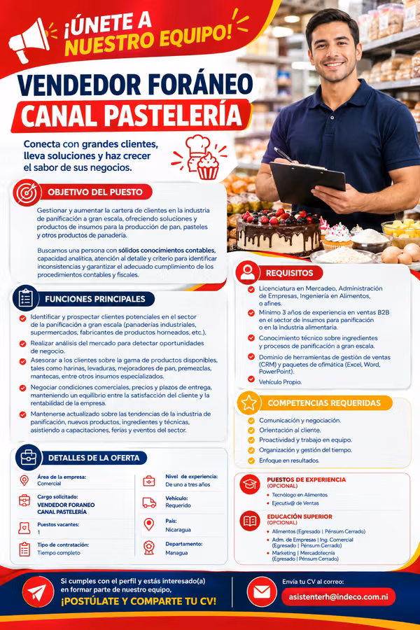 VENDEDOR MAYORISTA CANAL PASTELERIA CON EXPERIENCIA