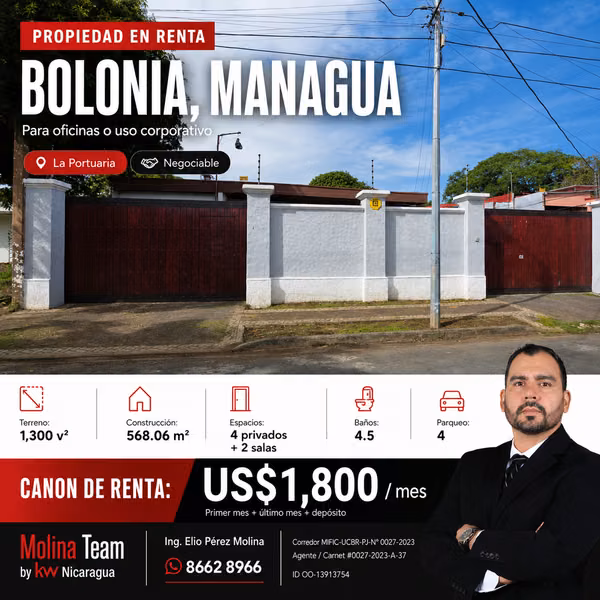 PROPIEDAD EN RENTA PARA OFICINAS O USO CORPORATIVO – BOLONIA, MANAGUA