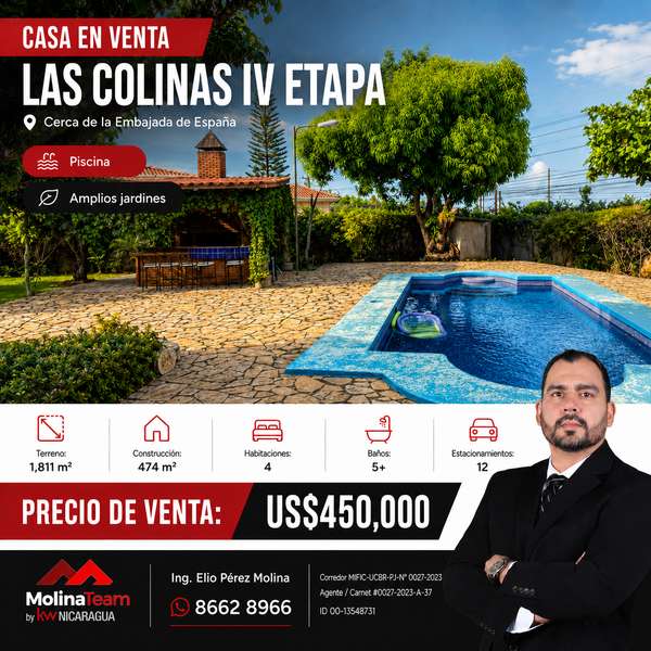 House for Sale in Las Colinas IV Stage, Managua - 124; Pool and 1,811 m ² of Land - 124; US $450,00
