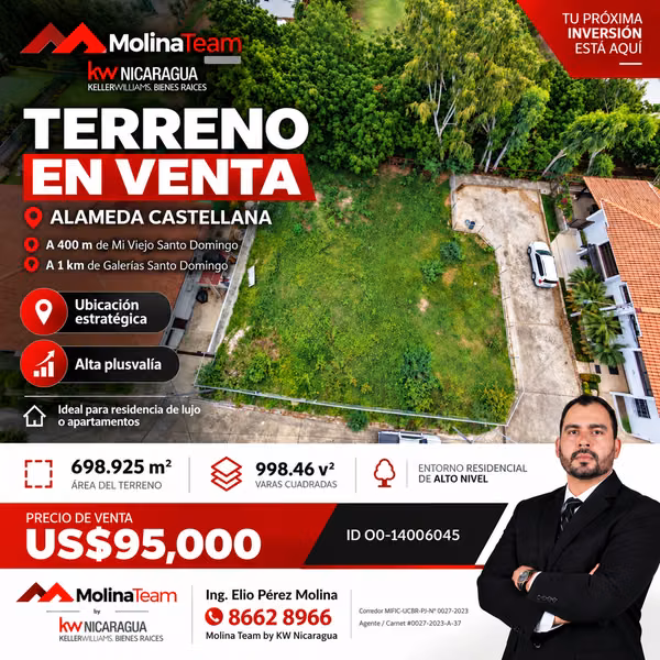 TERRENO EN VENTA  A 400 METROS DE MI VIEJOSANTODOMINGO| ALAMEDA CASTELLANA, MANAGUA