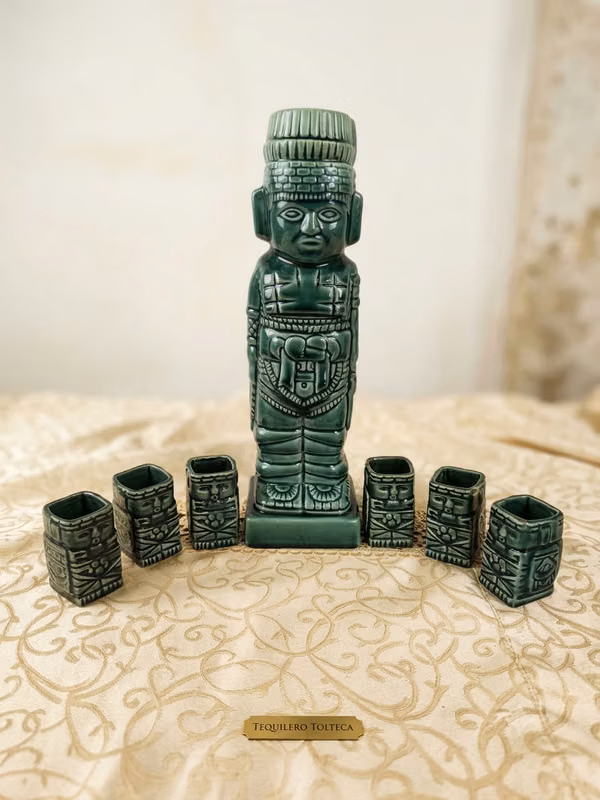 Juego Tequilero Vintage Cerámica Verde - Licorera Atlante + 6 Vasos