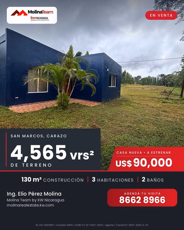 Casa nueva en venta con 4,565 vrs² de terreno – San Marcos, Carazo
