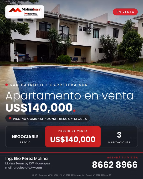 APARTAMENTO EN VENTA | SAN PATRICIO, CARRETERA SUR — US$140,000 NEGOCIABLE