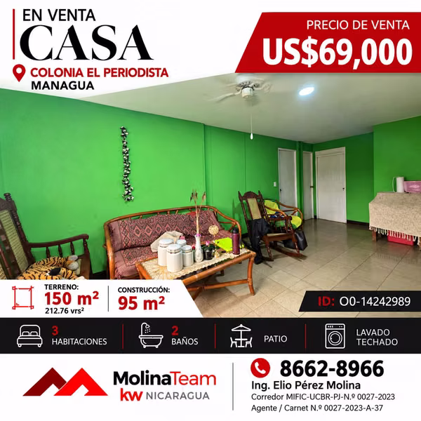 Casa en venta en Colonia El Periodista, Managua | 3 habitaciones, 2 baños | US$69,000