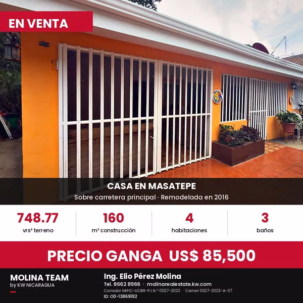 CASA EN VENTA EN MASATEPE, SOBRE CARRETERA PRINCIPAL