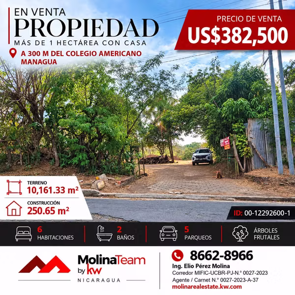 Propiedad de 1 hectárea en Managua con casa, frutales y potencial para oficina o bodega
