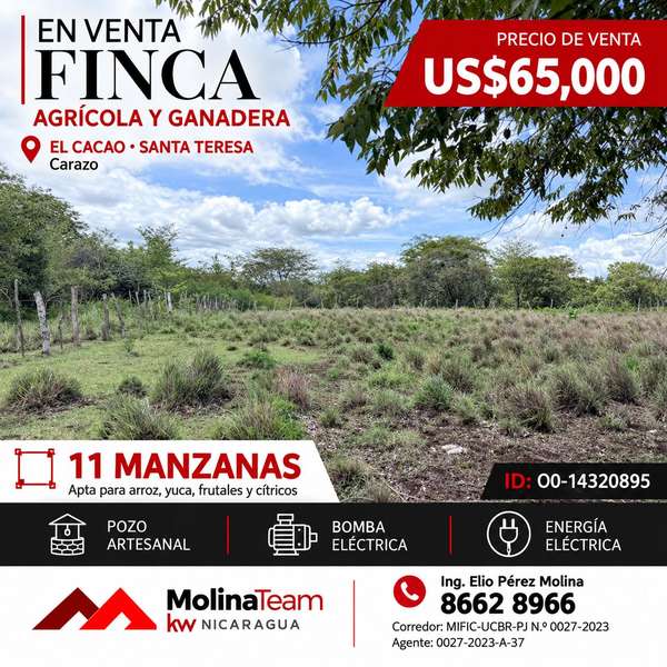 Finca de 11 manzanas en venta en El Cacao, Carazo – con pozo y energía, US$ 65,000