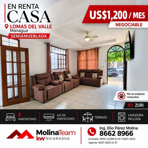 Casa semiamueblada en renta en Residencial Lomas del Valle, Managua – A/C en todas las habitaciones – US$ 1,200 negociab