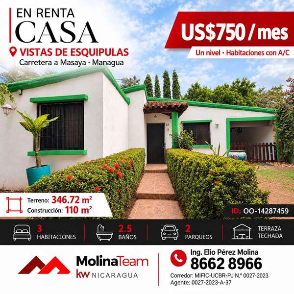 Casa en Renta en Vistas de Esquipulas | 3 Hab, A/C, Parqueo para 2 | US$750
