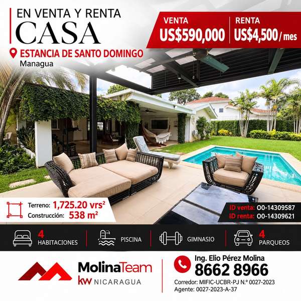 Casa en venta y renta en Estancia de Santo Domingo | Piscina, gimnasio y 4 habitaciones