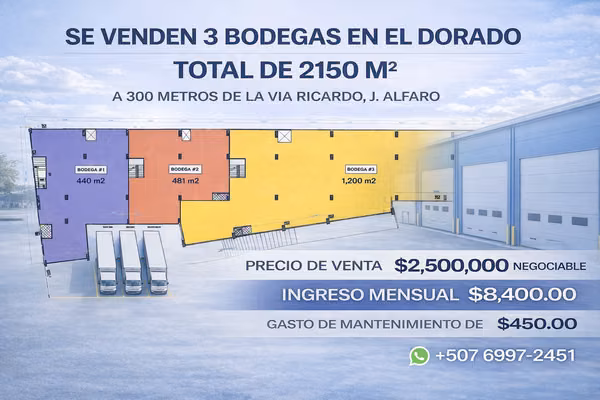 Se venden 3  Bodegas Comerciales Total de 2000 Metros EL DORADO