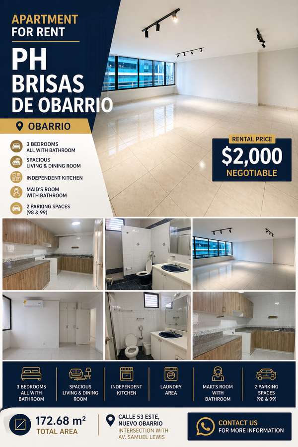RENT 3 BEDROOM APARTMENT OBARRIO PH BRISAS DE OBARRIO