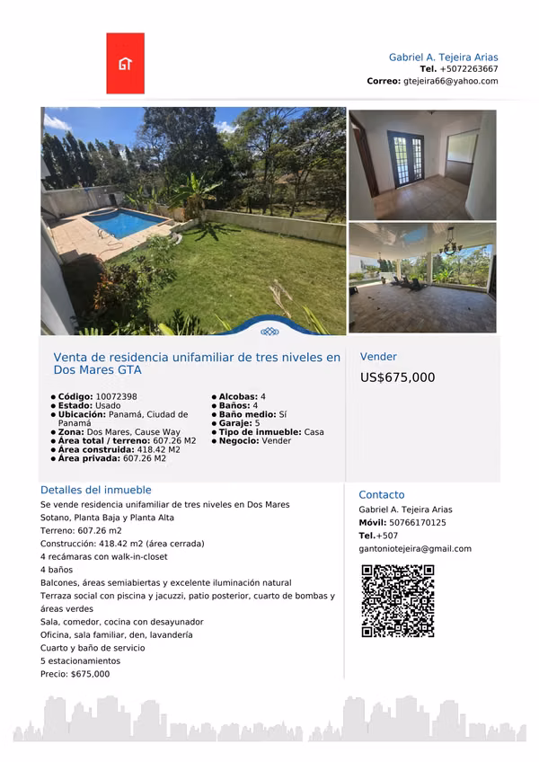 Sale of three-level single-family residence in Dos Mares GTA
