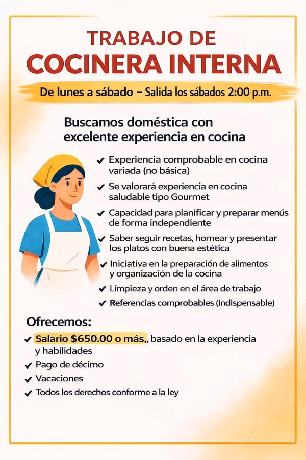 TRABAJO DE COCINERA INTERNA Y DOMESTICA